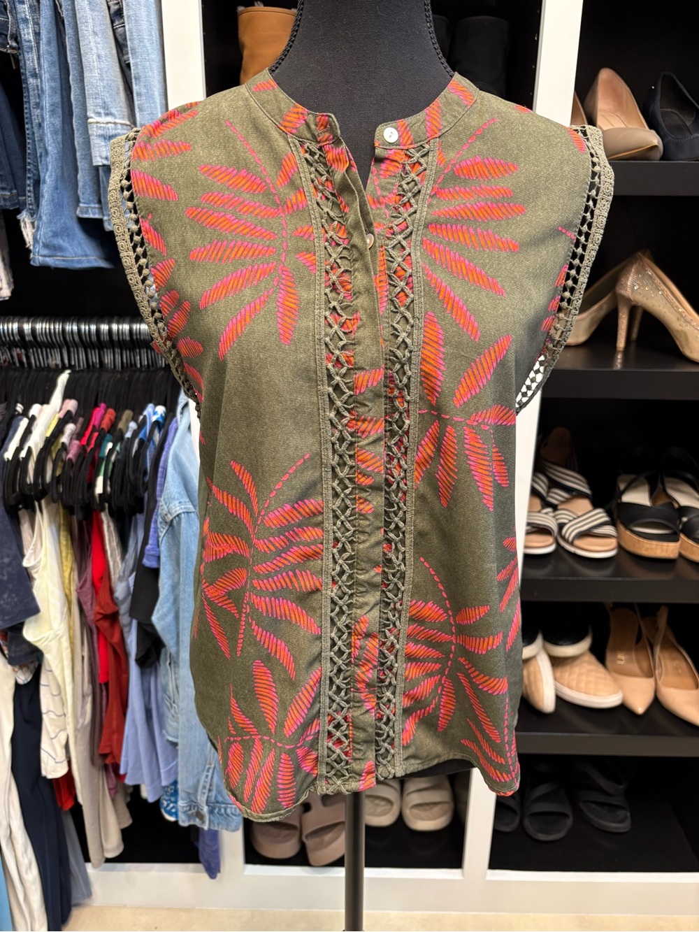 a new day Sleeveless Tunic with Coral Red Leaf Pattern & Embroidered Details